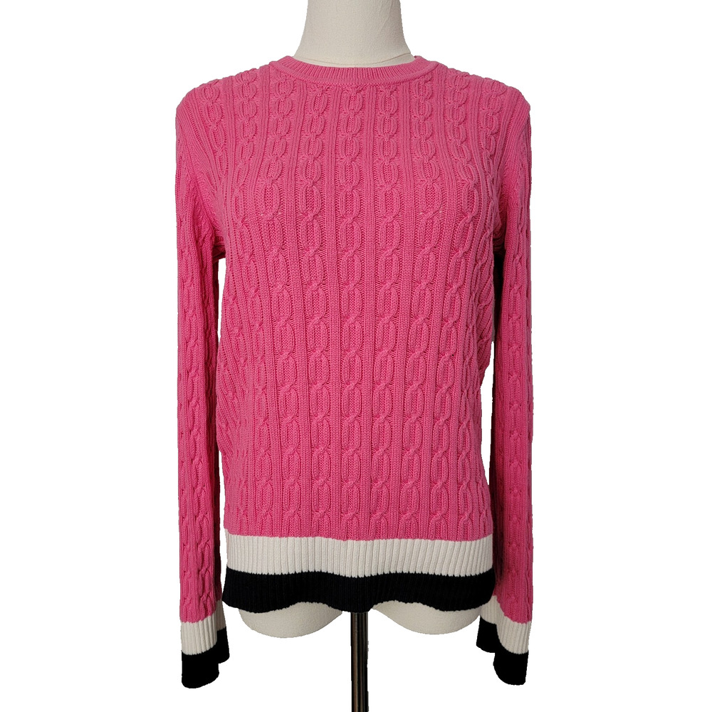 Tommy Hilfiger Cable Knit Pink Sweater Preppy Fitted Sz M 100% Cotton Fisherman
